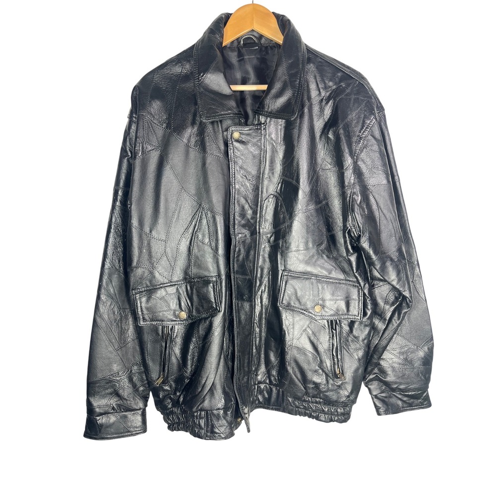 Unbranded Patchwork Leather Bomber Jacket Mens XL Black Zigzag